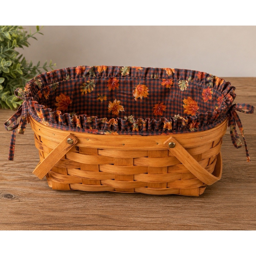 Longaberger Fall Leaves Basket Liner Autumn Plaid Ruffled Tie-On Fabric Liner